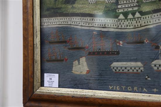 A Victorian woolwork picture of Victoria City, Hong Kong, overall 27.75 x 18.5in.